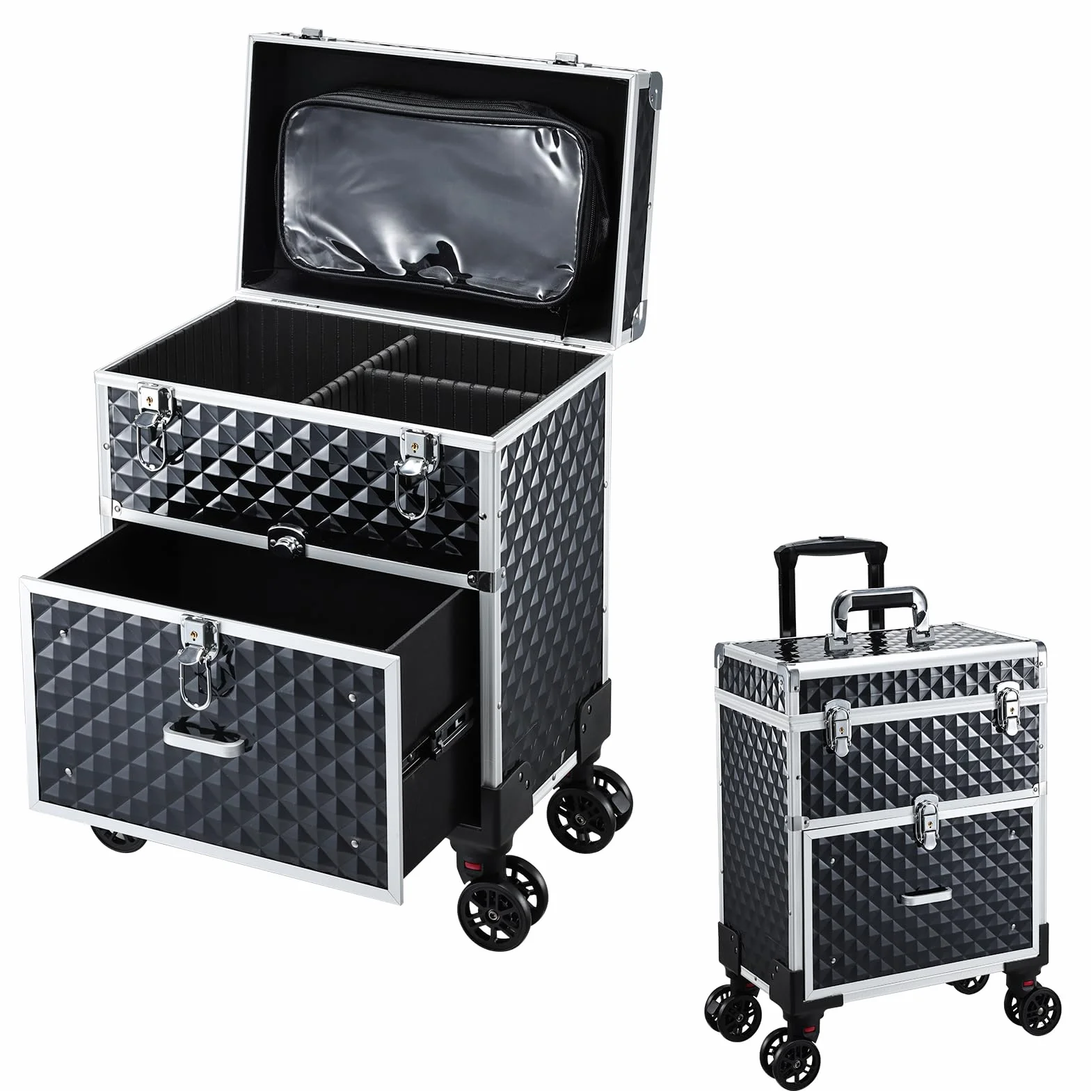 Valise Maquillage Professionnelle avec Roulettes et Casiers, Noir