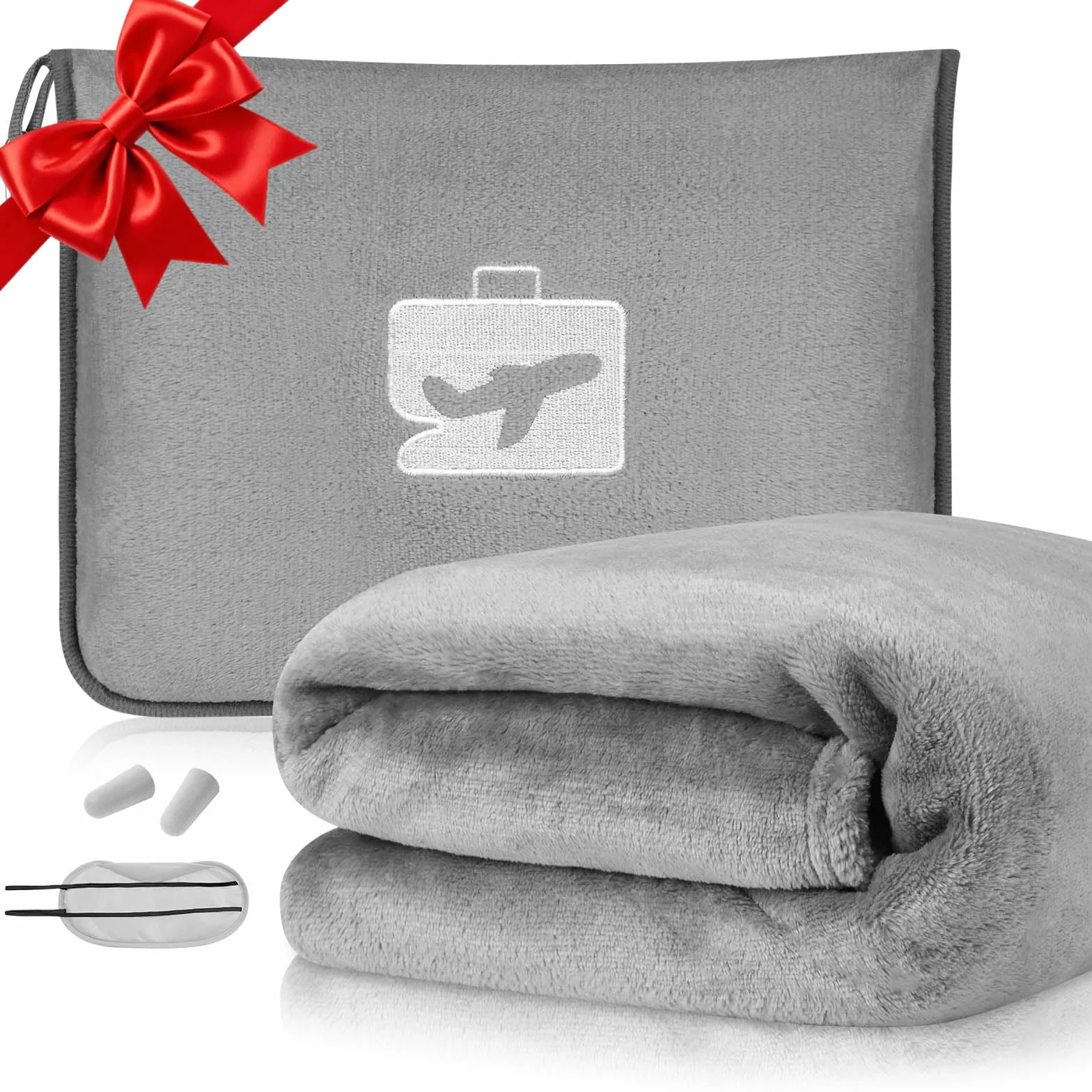 flintronic Couverture de Voyage Avion 2 en 1 Oreiller et Couverture Doux Chaud avec Masque de Sommeil Bouchons d'oreille Pince Sac à Dos Gris