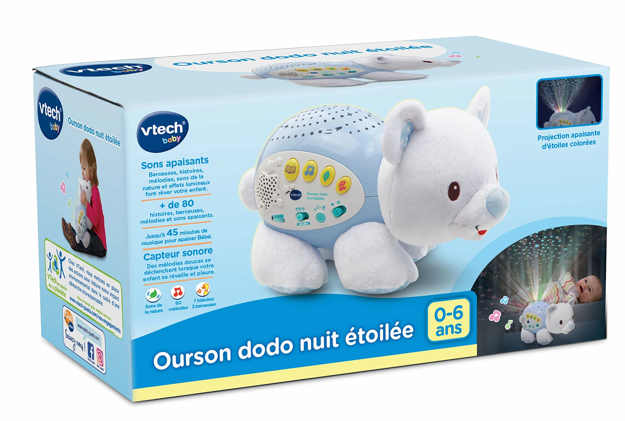 VTech Ourson Dodo Nuit Étoilée Veilleuse Bébé Musicale Projection Lumineuse au Plafond Cadeau de Naissance