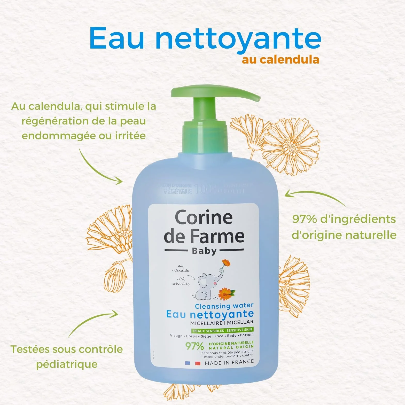 Corine de Farme Eau Nettoyante Micellaire au Calendula Apaisant pour Bébé 500 ml