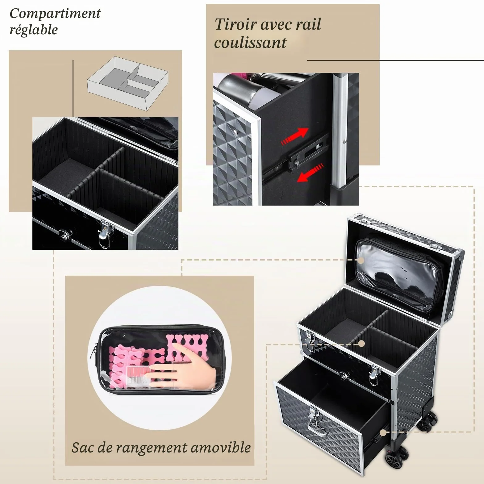 Valise Maquillage Professionnelle avec Roulettes et Casiers, Noir