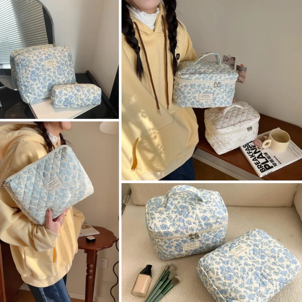 Aucuu Grande Trousse de Maquillage Coton Motif Floral Lot de 3 Voyage