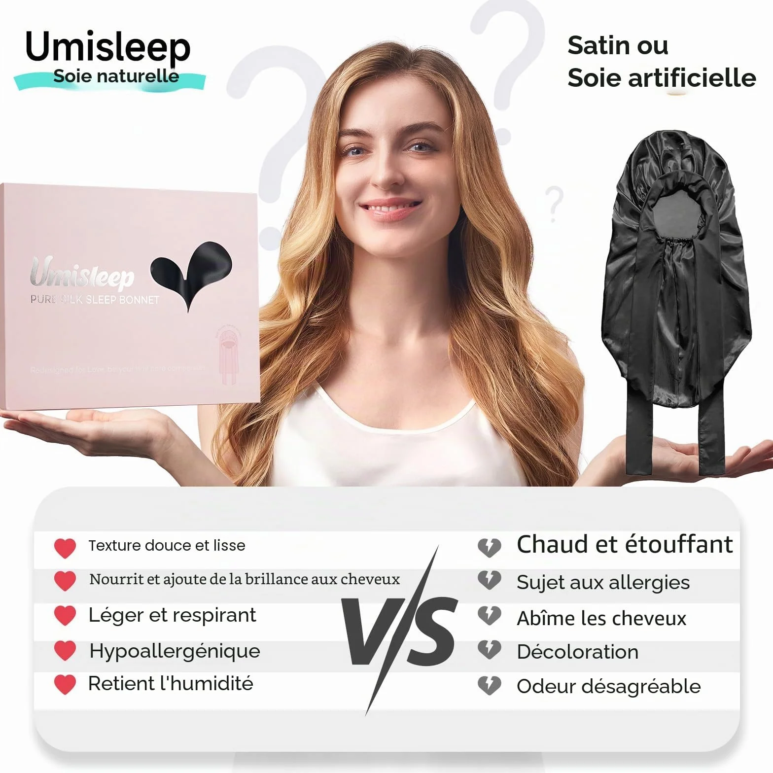 Umisleep Bonnet de Nuit Soie de mûrier 22 Momme Double Face pour Cheveux volumineux