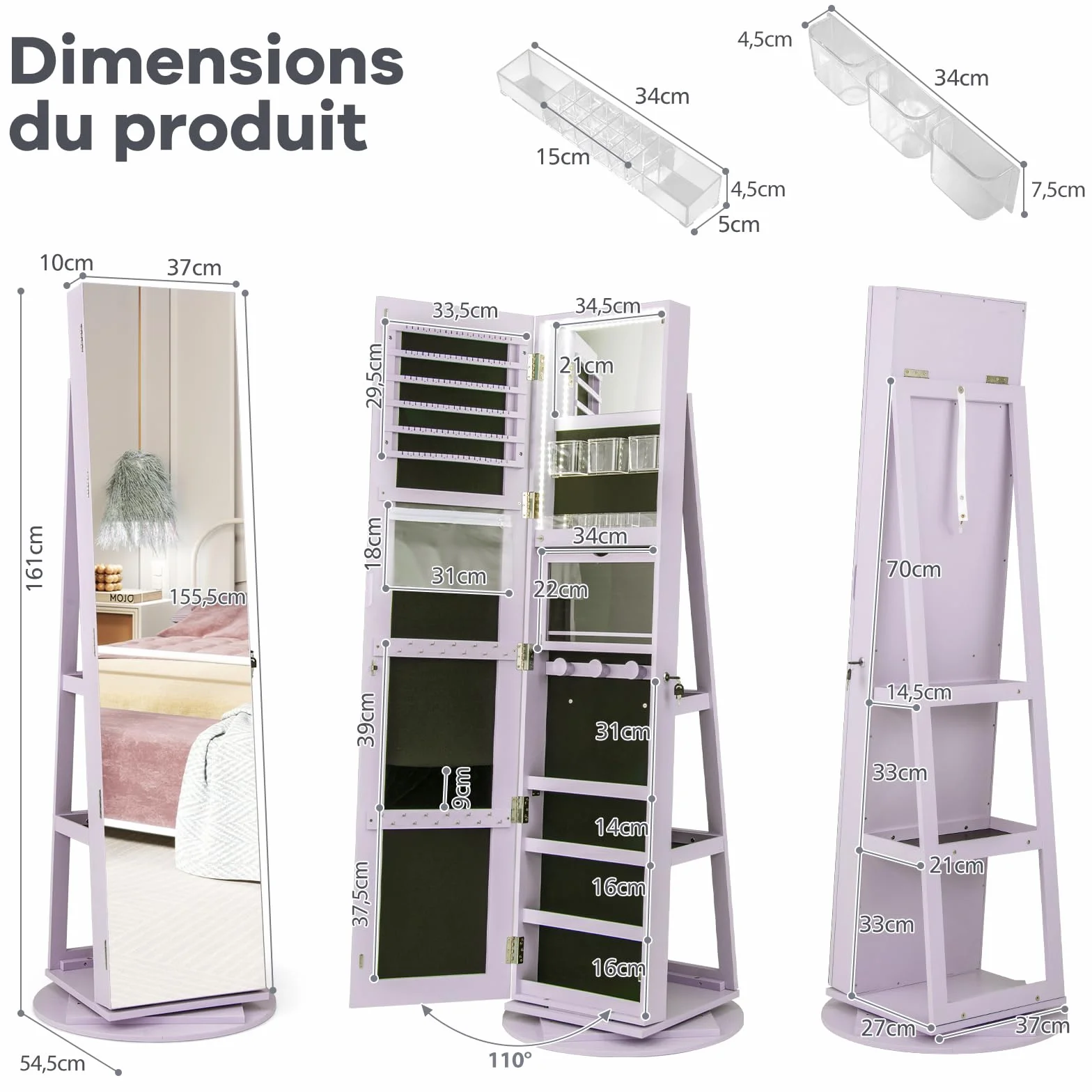 COSTWAY Armoire à Bijoux Pivotante 360° avec Miroir Pleine Longueur et Lumières LED 3 Couleurs, Style Nordique Violet