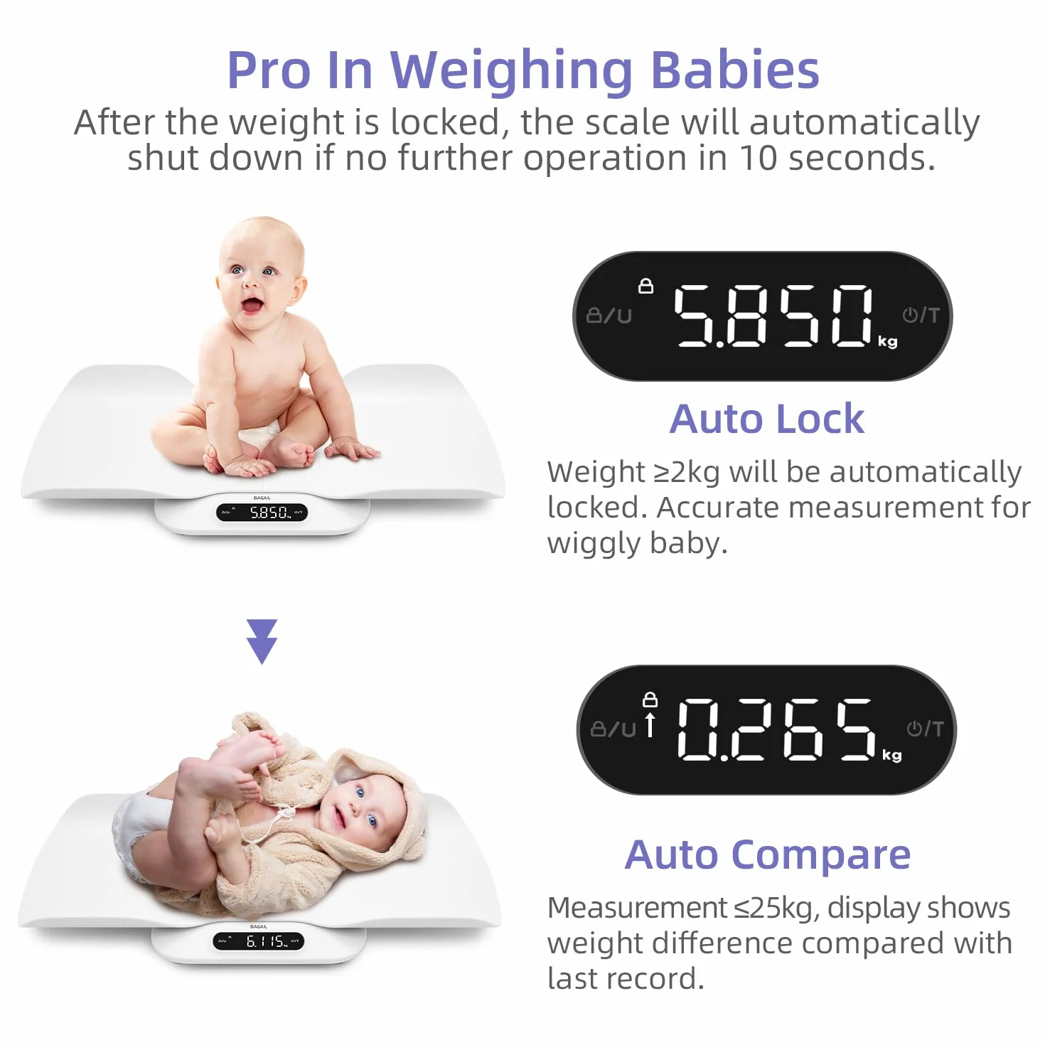 BAGAIL Pèse-bébé numérique 180kg plateau amovible tare verrouillage comparaison auto