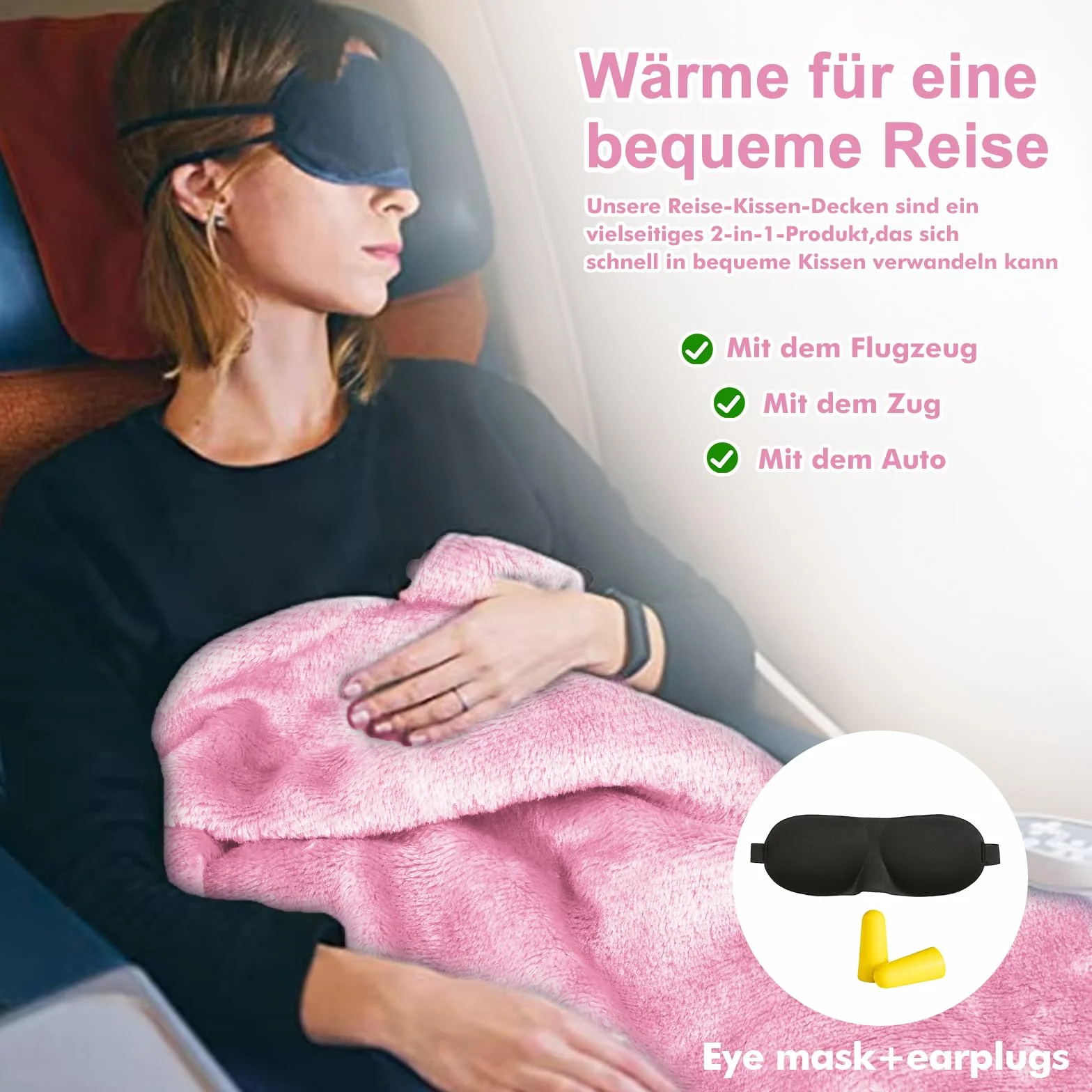 HOSPAOP Couverture de voyage 2 en 1 portable avion 127x152cm avec masque sommeil et bouchons oreilles