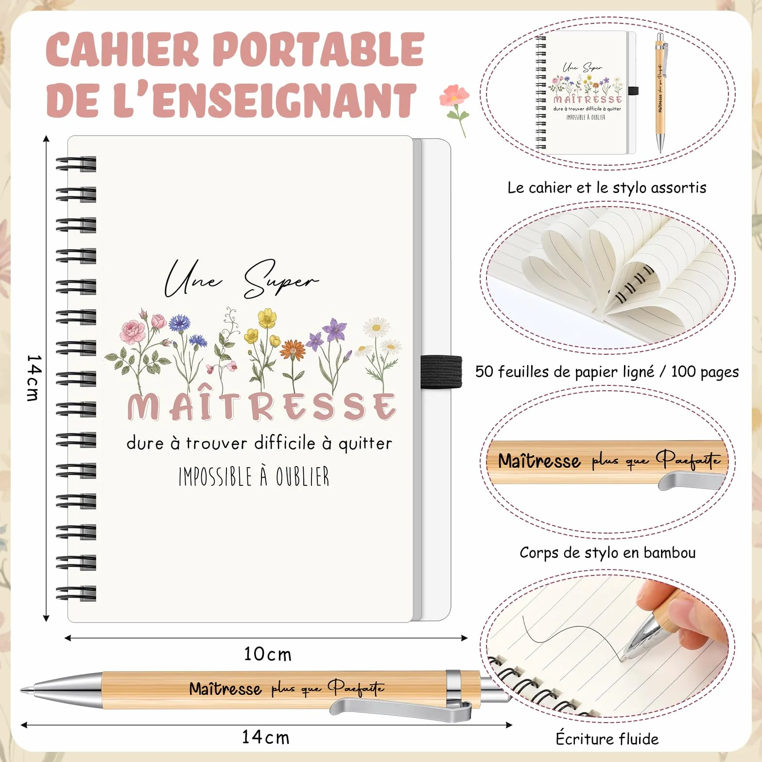 BBTO Trousse de Maquillage Porte-Clés Stylo à Bille Carnet Carte Cadeau pour Maîtresse Maternelle Enseignante Professeur Aesh