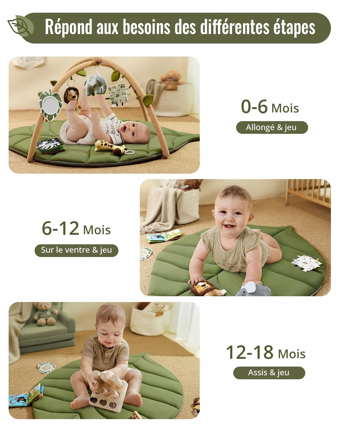 Blissful Diary Tapis d'éveil Bébé avec Arche Amovible, 6 Jouets, Développement Sensoriel et Moteur, Vert Forêt