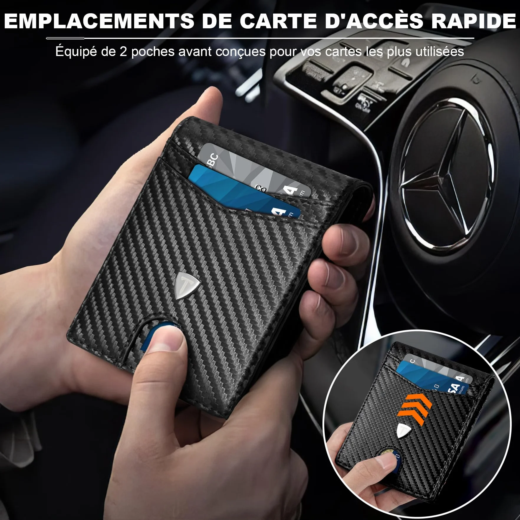 TEEHON Portefeuille Homme Slim Cuir Fibre Carbone Blocage RFID Bi-Fold Noir