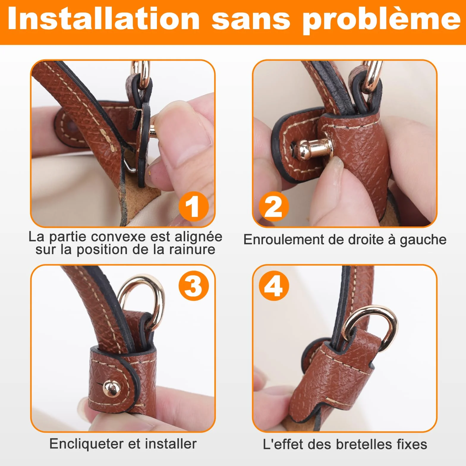 Bandoulière pour Sac Longchamp Mini Femme, Cuir Double Face Cognac, Sangle Sac Bandoulière, Anse Sac à Main, No-Punch Strap Mini (Largeur 1.2cm)