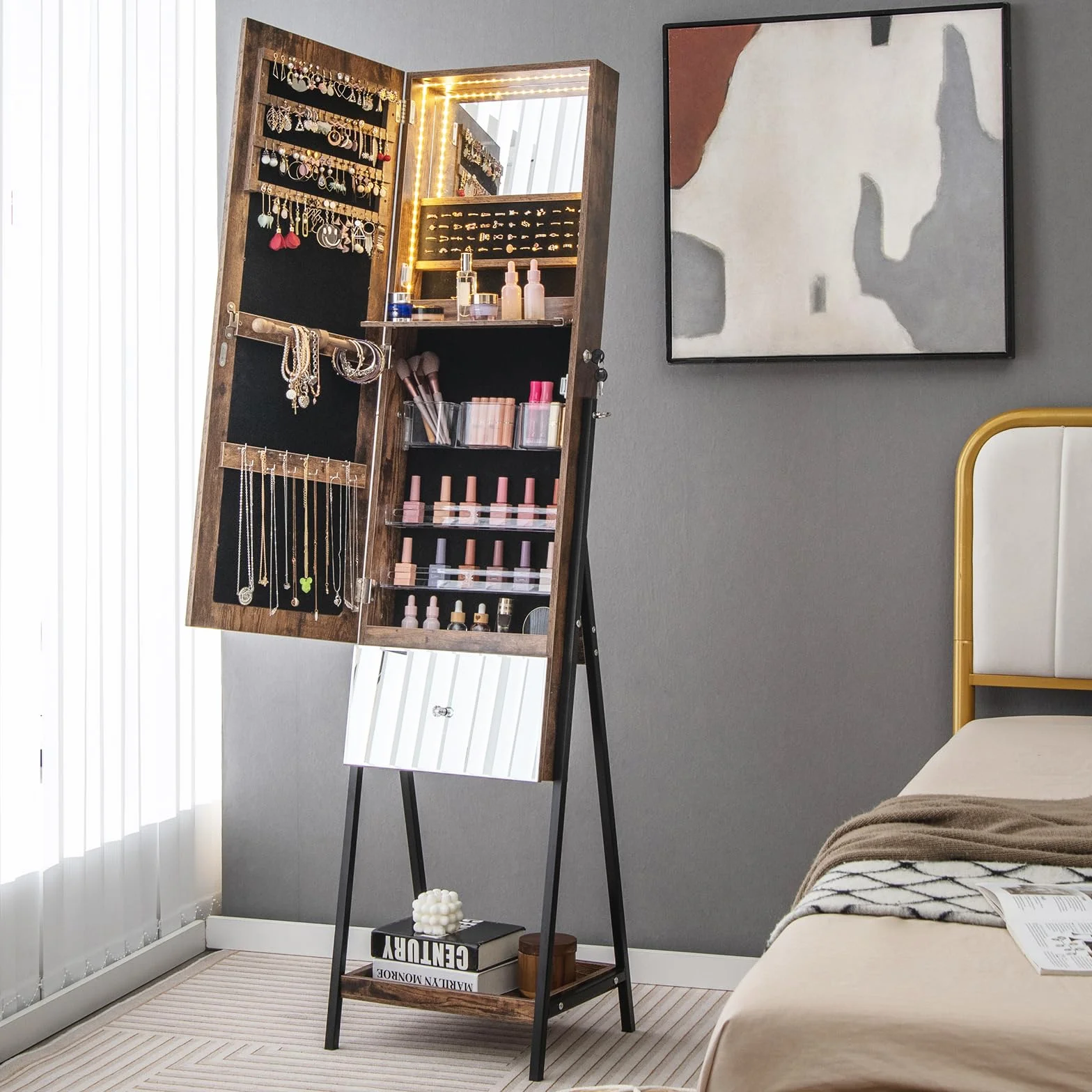 GOPLUS Armoire à Bijoux sur Pied 166CM avec Lumières LED 3 Couleurs, Miroir Pleine Longueur, Verrouillable (Marron)