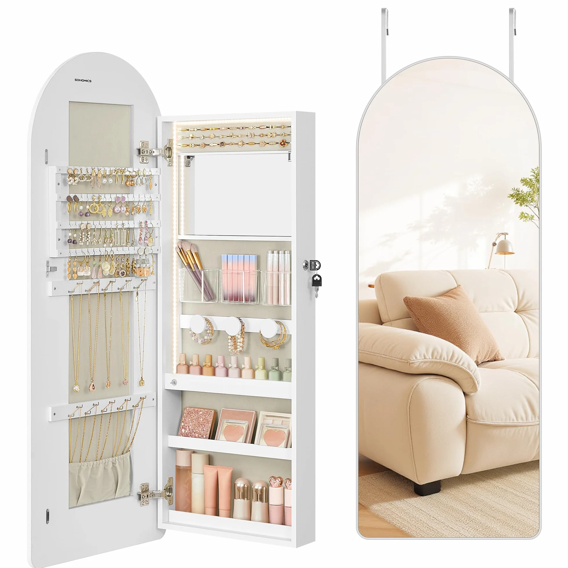 SONGMICS Armoire à bijoux LED avec miroir bombé, verrouillable, coins arrondis, blanc nuage JJC020W01