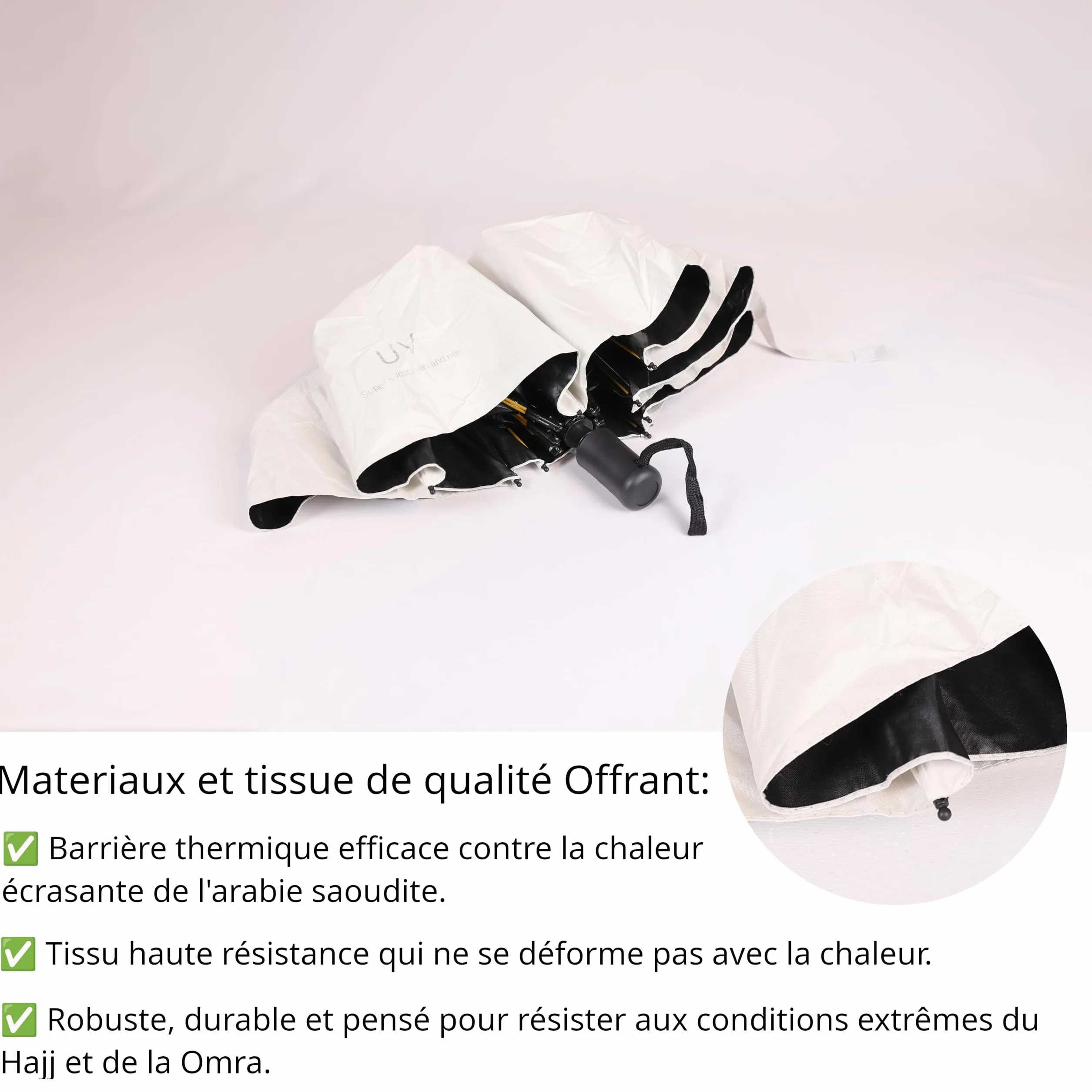Parapluie Pliant Anti-UV Double Couche Thermo-Protecteur Blanc Réfléchissant Intérieur Noir Compact Léger Ouverture Automatique Hajj Omra
