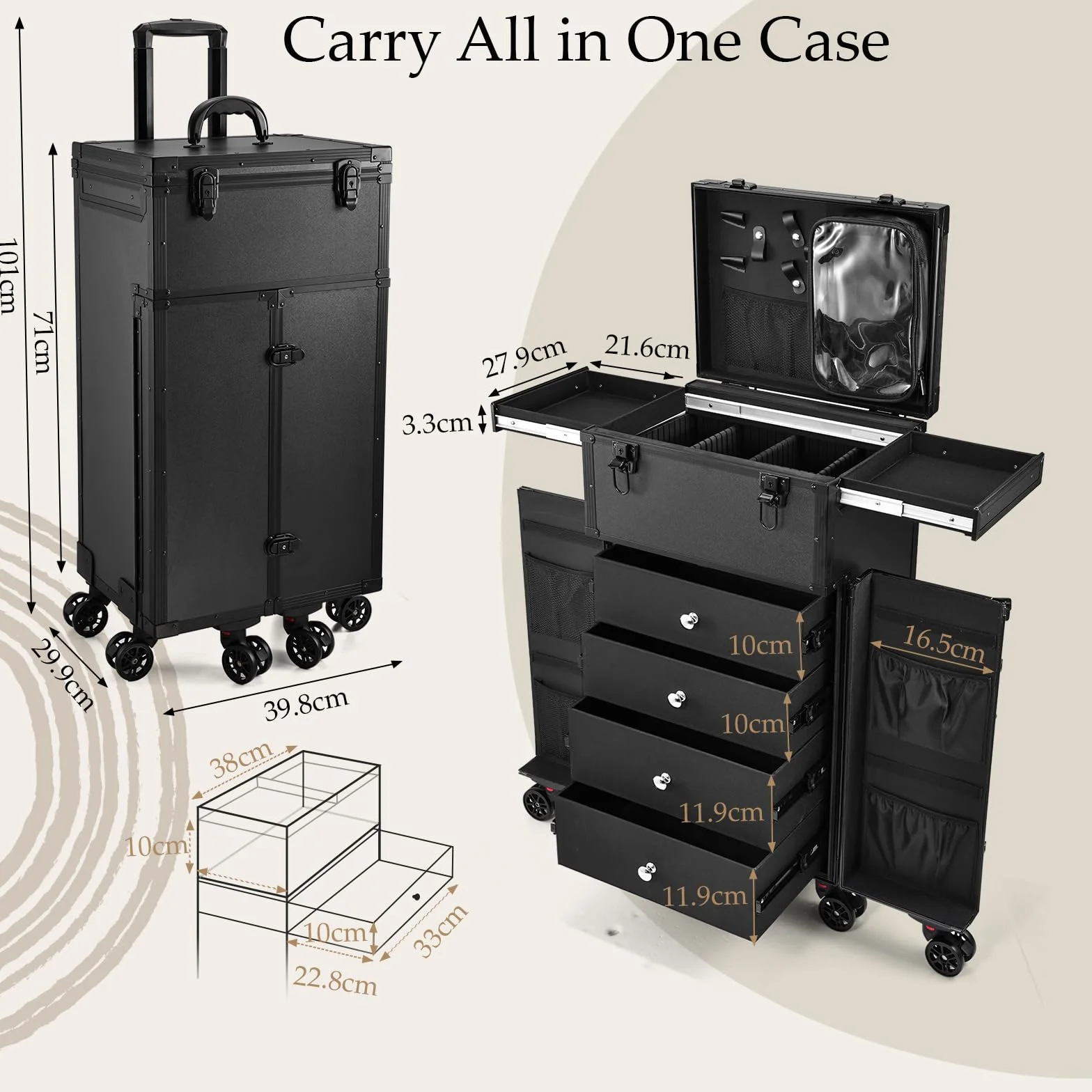 Valise de Maquillage Professionnel 6 Roues - Station Portable Trolley Noir Profond