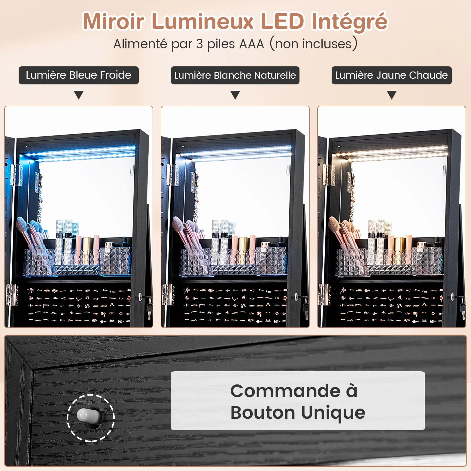 COSTWAY 3 en 1 Armoire à Bijoux sur Roulettes avec Miroir Psyché et Lumières LED, Verrouillable, Noir