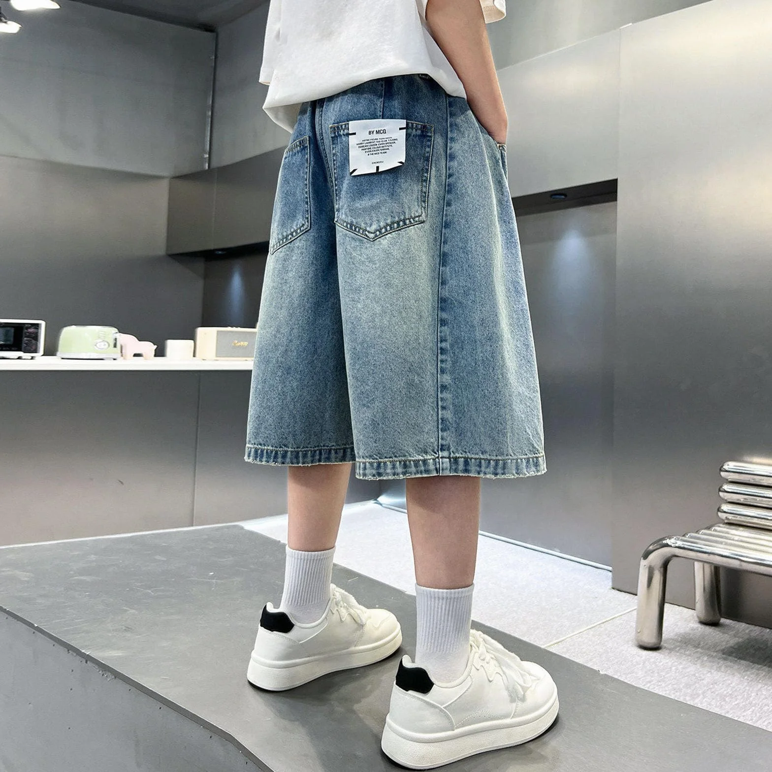 Jogging Baggy Pantalon Sport Court Solide Ample Respirant Cargo Ado Garcon Taille élastique Longueur Genou Jambe Large Streetwear