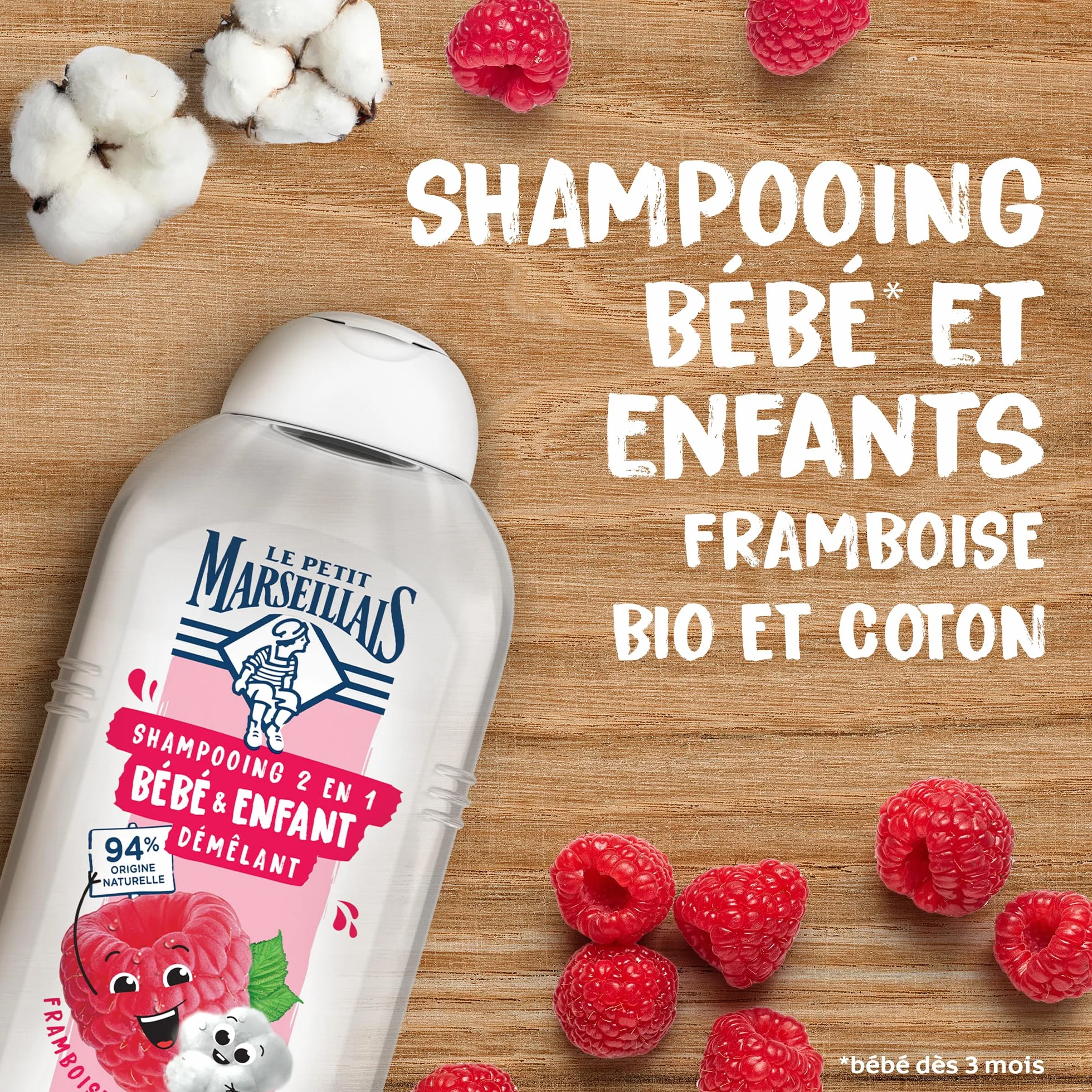 Le Petit Marseillais Shampooing 2 en 1 Bébé & Enfant Démêlant Framboise Bio & Coton 300 ml