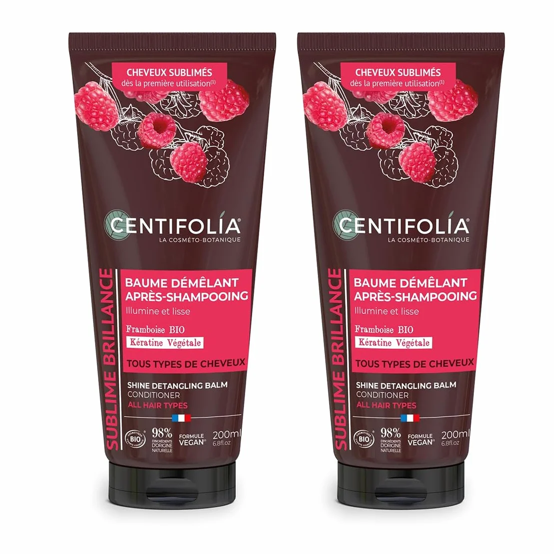 CENTIFOLIA Baume Démêlant Après-Shampooing Sublime Brillance 99% Naturel Framboise Bio & Kératine Végétale Lot de 2 x 200 mL
