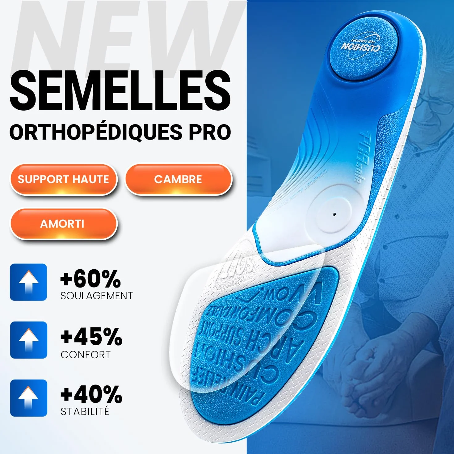 PCSsole Semelles Orthopédiques Support d'Arche Intensité Élevée 110kg+ pour Fasciite Plantaire, Pronation, Pieds Plats
