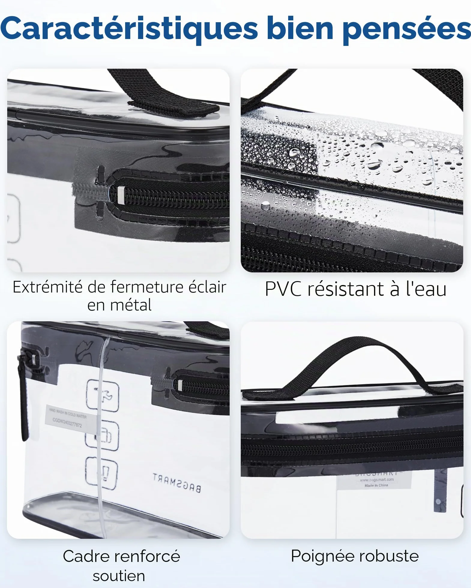 BAGSMART Lot de 2 Trousses de Toilette Transparentes Imperméable TSA Noir 1.6L