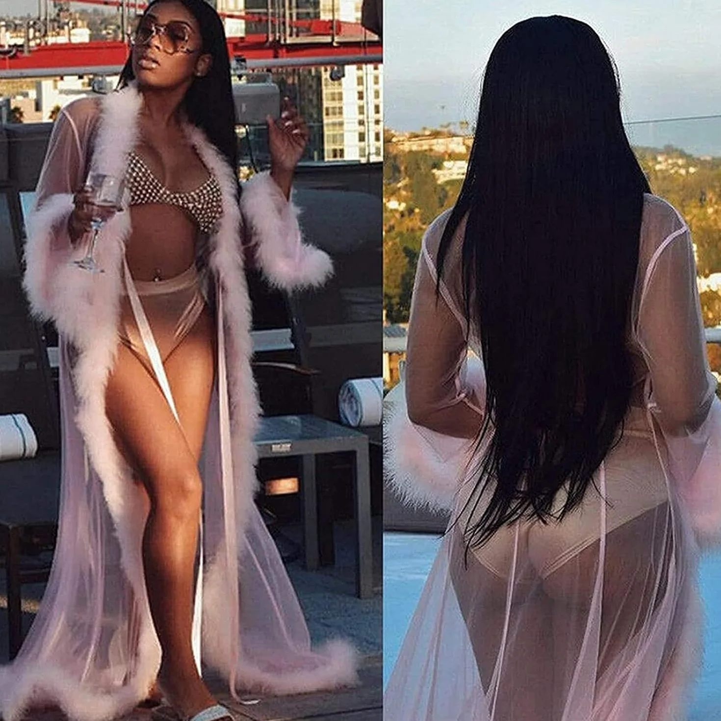 Kimono Sexy Robe Perspective Lingerie Nuisette Plumes Ceinture Grande Taille Maille Transparente One Size