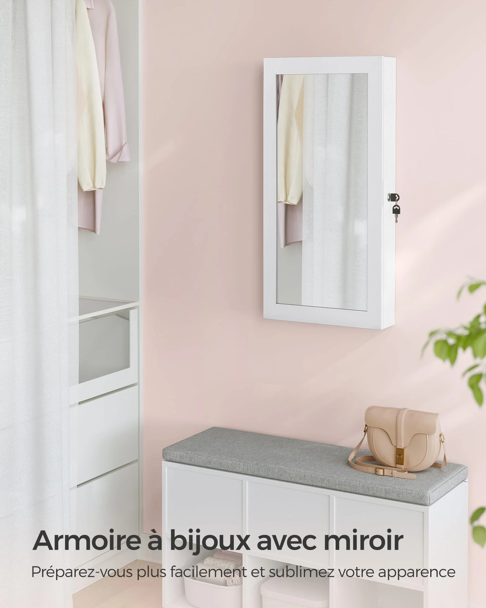 SONGMICS Armoire à Bijoux Murale avec Miroir, Verrouillable, Blanc et Grège JJC051W02