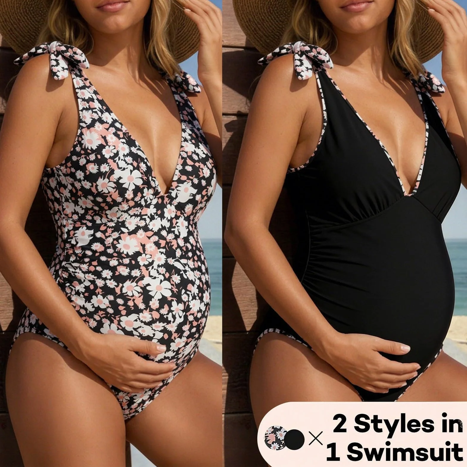 Maillot de Bain Maternité Réversible Femme Enceinte Bretelles Ajustables Amincissant