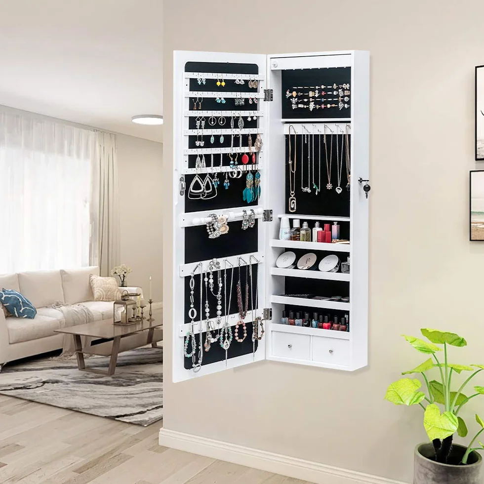 LEADZM Armoire à Bijoux avec Miroir, Meuble de Rangement Mural, Organisateur Verrouillable, Blanc Boisé