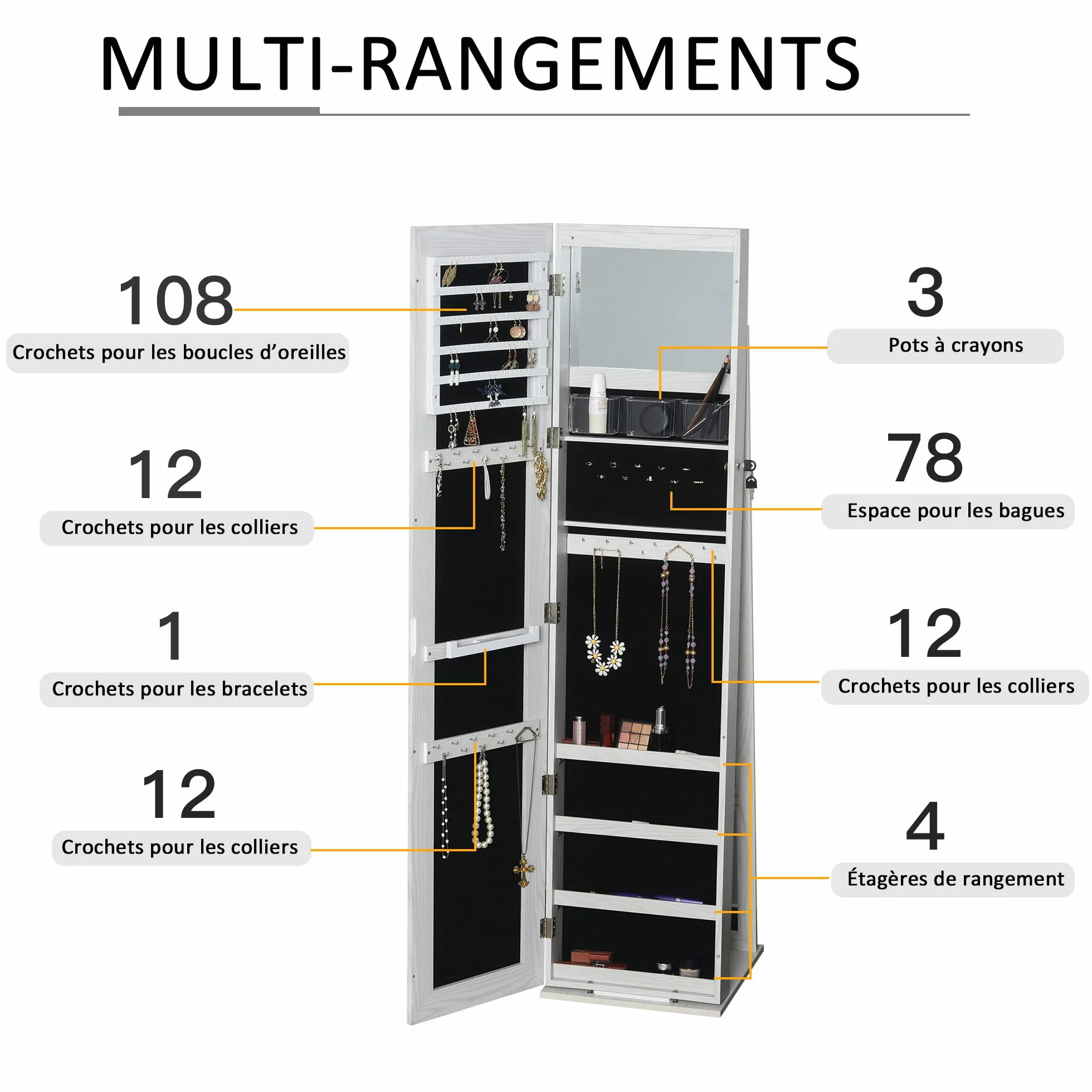 HOMCOM Armoire à Bijoux avec Miroir sur Pied LED Blanc 38x38x157 cm