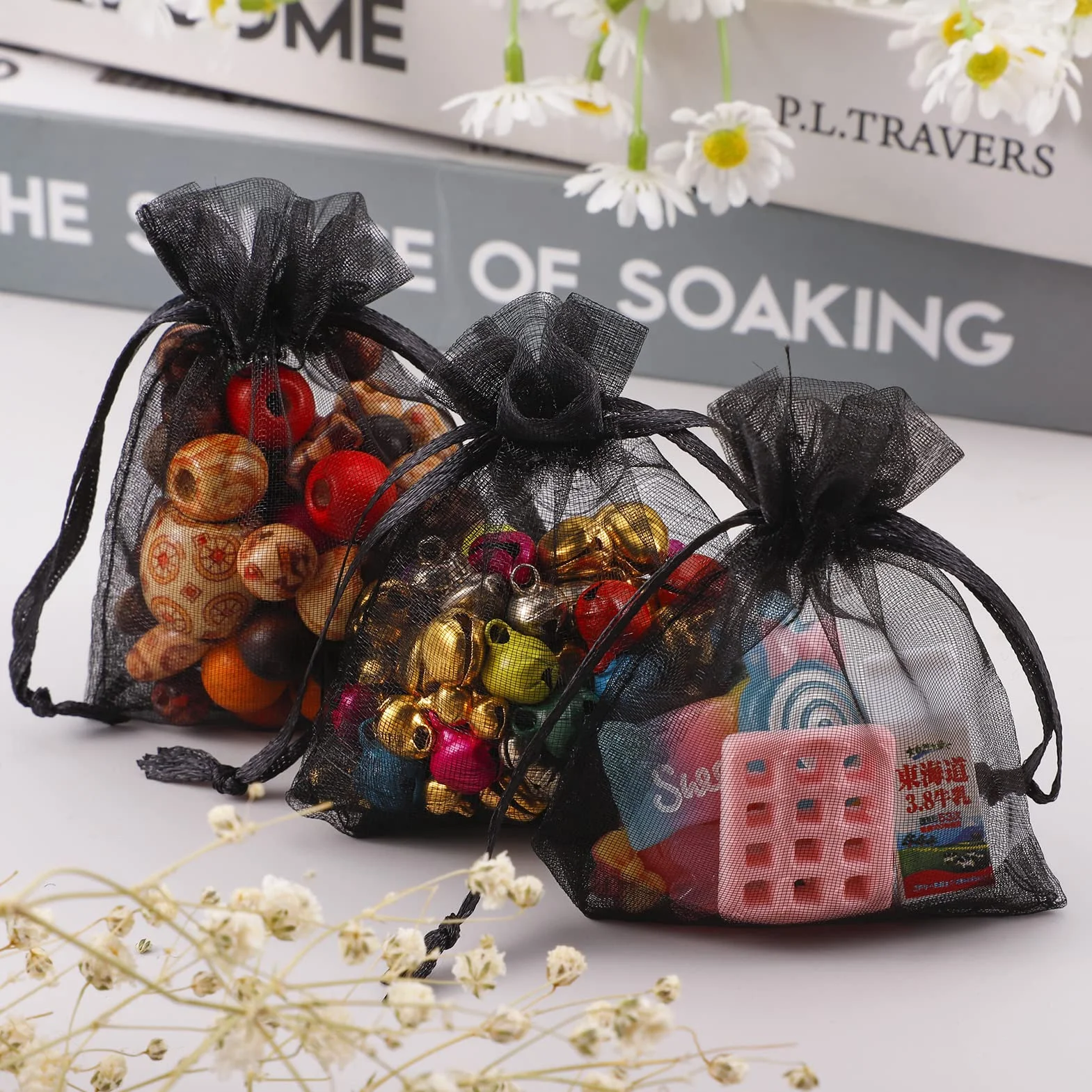 Sacs Organza Noir 7x9 cm Pochettes Cadeau avec Rubans pour Mariage Anniversaire