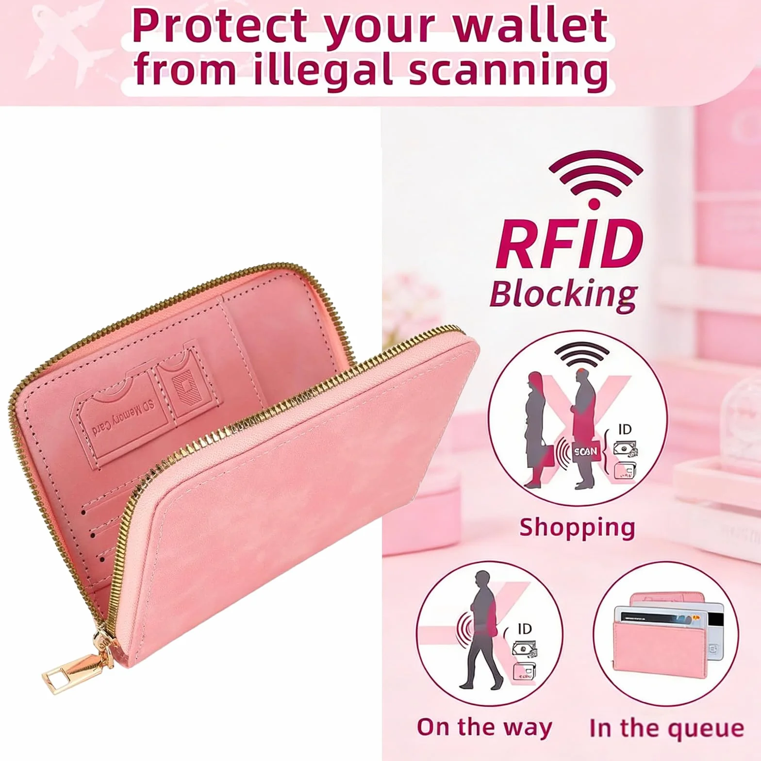Portefeuille de voyage RFID rose similicuir avec fermeture zippée et sangle de poignet