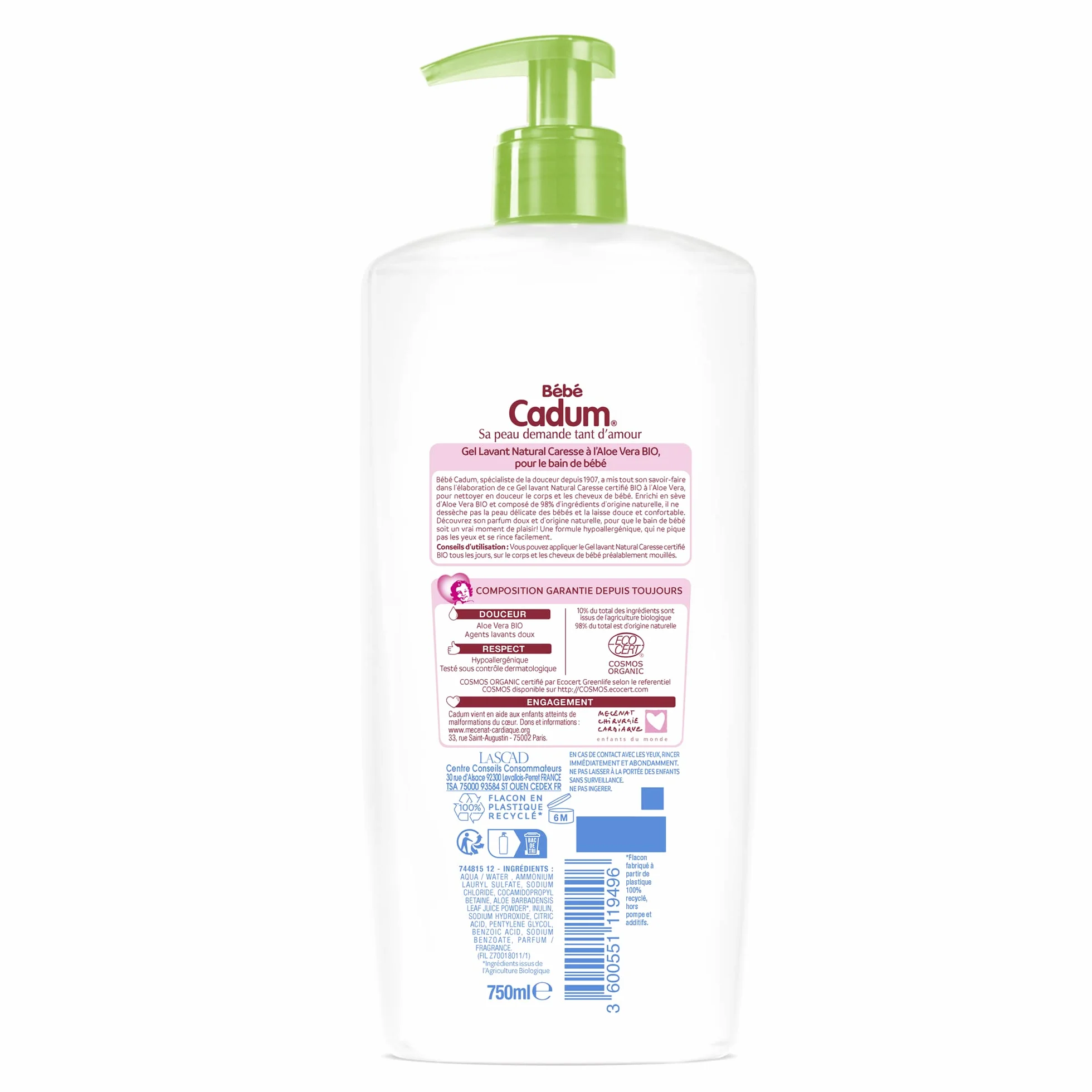 Cadum BEBE Gel Lavant Corps & Cheveux Bio Natural Caresse 750ml