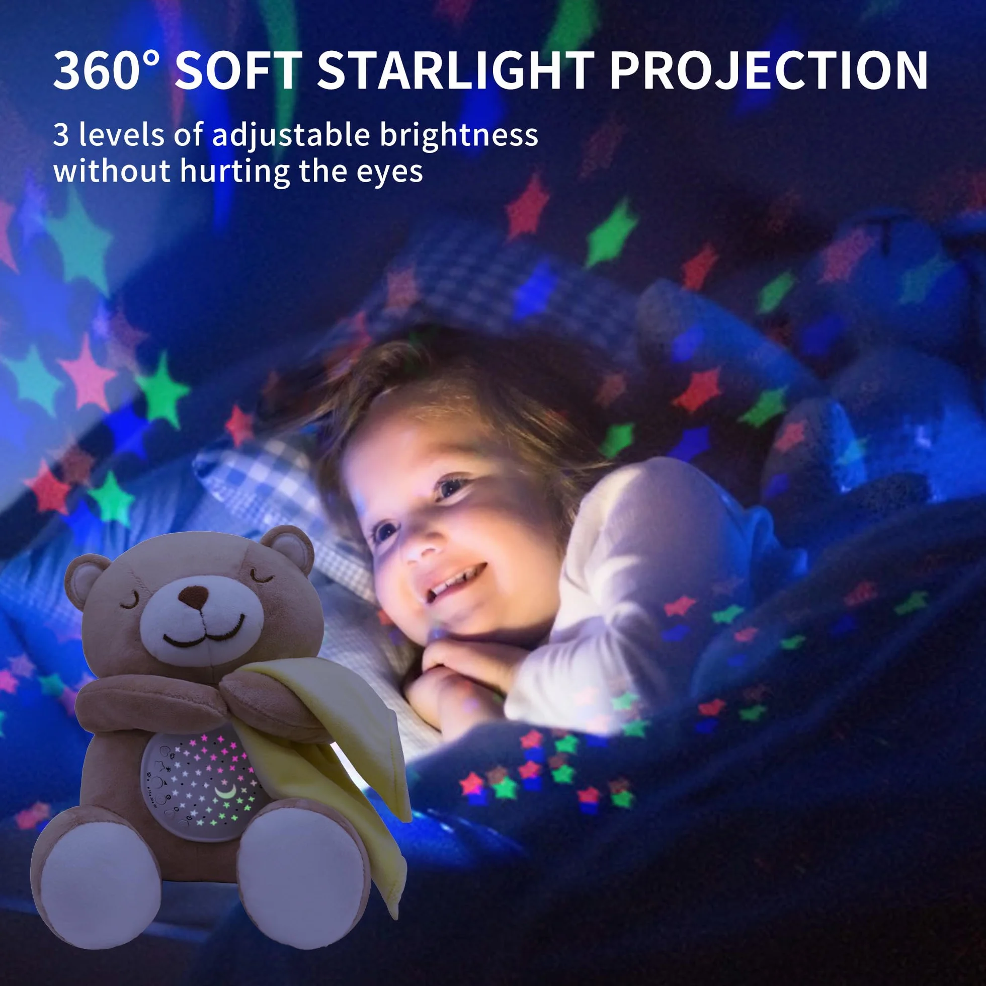 APUNOL Jouet en Peluche Musical Lumineux Bébé, Veilleuse Apaisante Ours avec Berceuse Projection Lumineuse Bruit Blanc, Cadeau Naissance