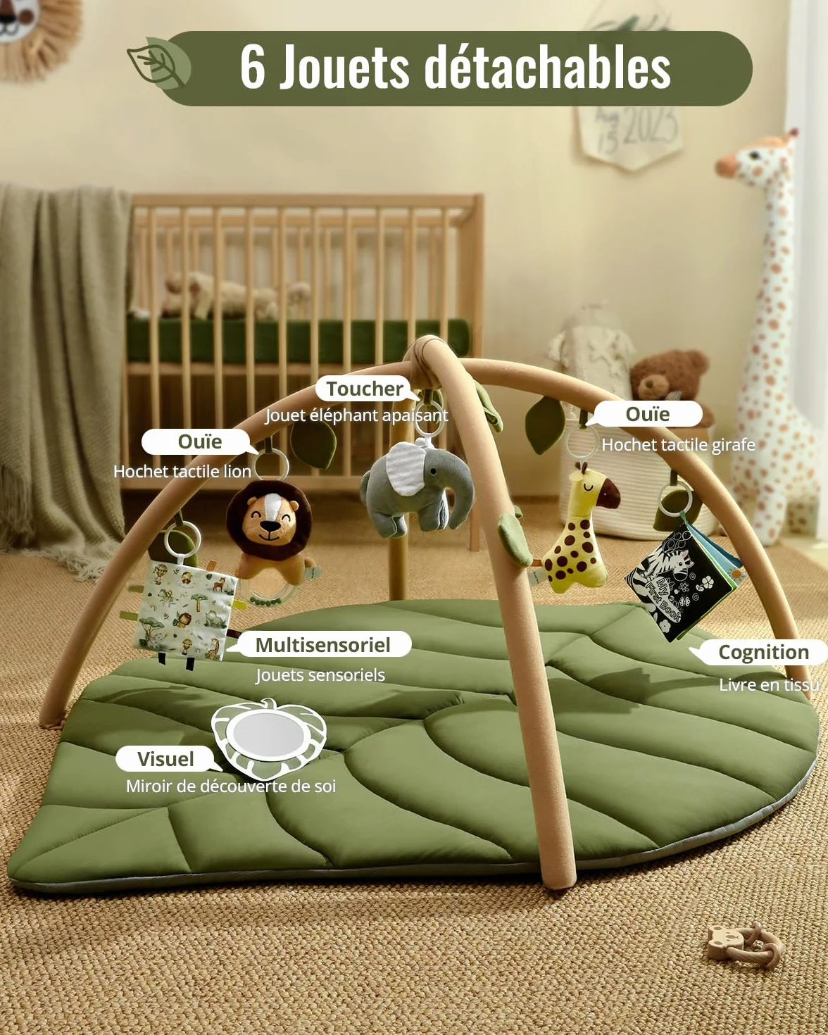 Blissful Diary Tapis d'éveil Bébé avec Arche Amovible, 6 Jouets, Développement Sensoriel et Moteur, Vert Forêt