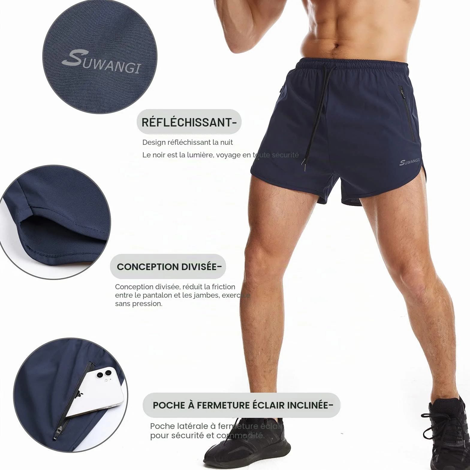Suwangi Homme Short Course d'Entraînement Fitness Sport 2-en-1 Séchage Rapide avec Poches Zippées