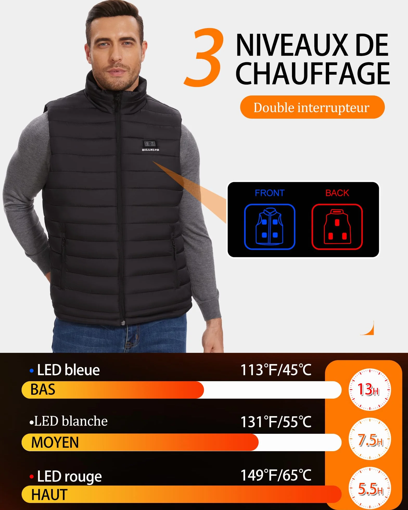 Gilet Chauffant Homme 20000mAh 7.4V 8 Zones de Chauffage 3 Niveaux de Chaleur Électrique Plein Air