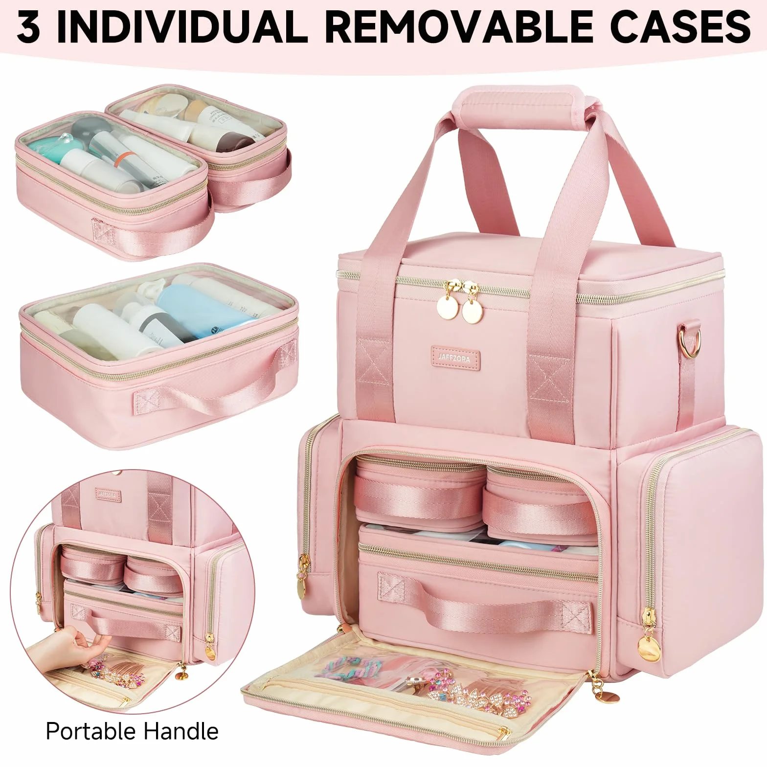 Trousse de Maquillage Extra Large avec 3 Étuis Amovibles, Malette de Voyage Double Couche, Rose