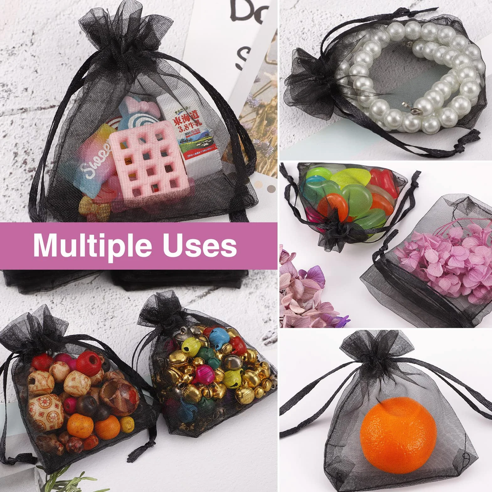 Sacs Organza Noir 7x9 cm Pochettes Cadeau avec Rubans pour Mariage Anniversaire