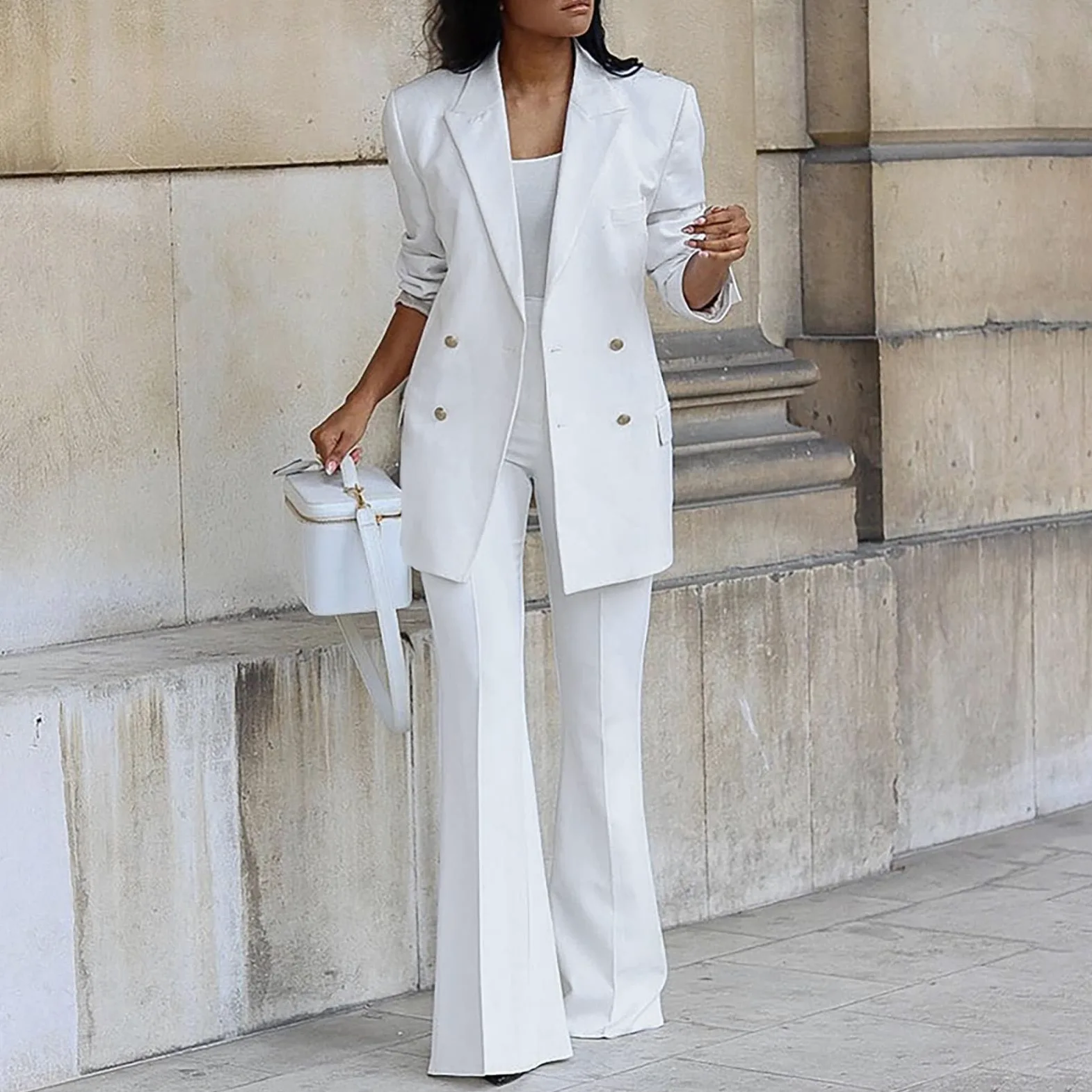 Tailleur Femme 2 PièCes Slim Couleur Unie Mode - Blazer Chic Élégante À Manches Longues Col Revers Veste Manteau Ensemble Travail Pantalon Costumes Ensemble Pantalon au Bureau