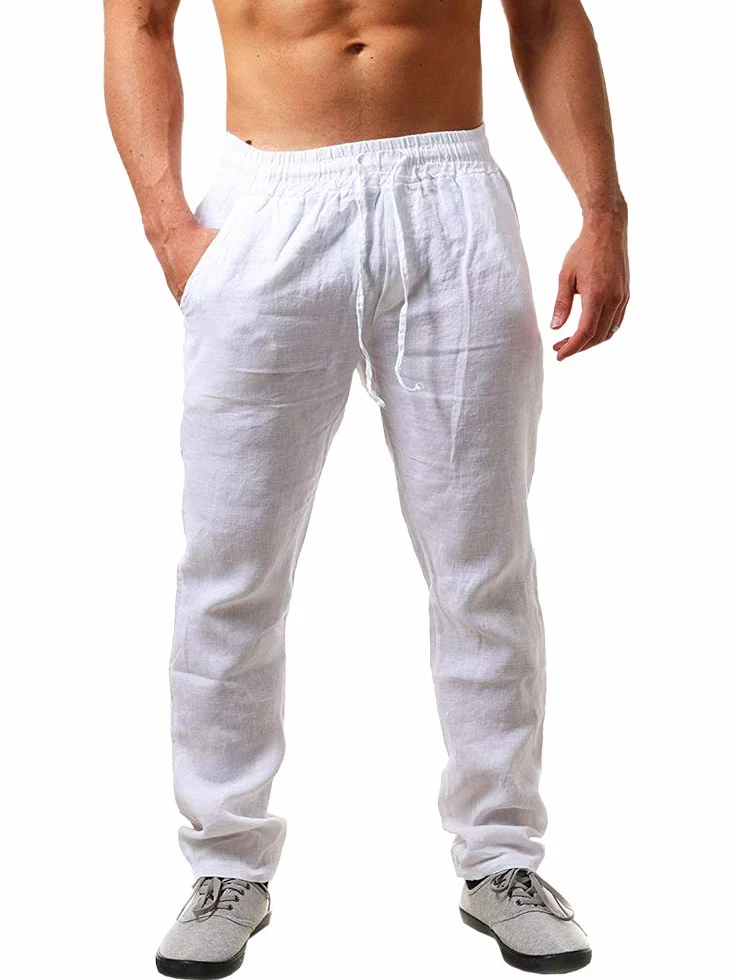 Runcati Pantalon en Lin pour Homme Long Coupe Ample avec Cordon de Serrage
