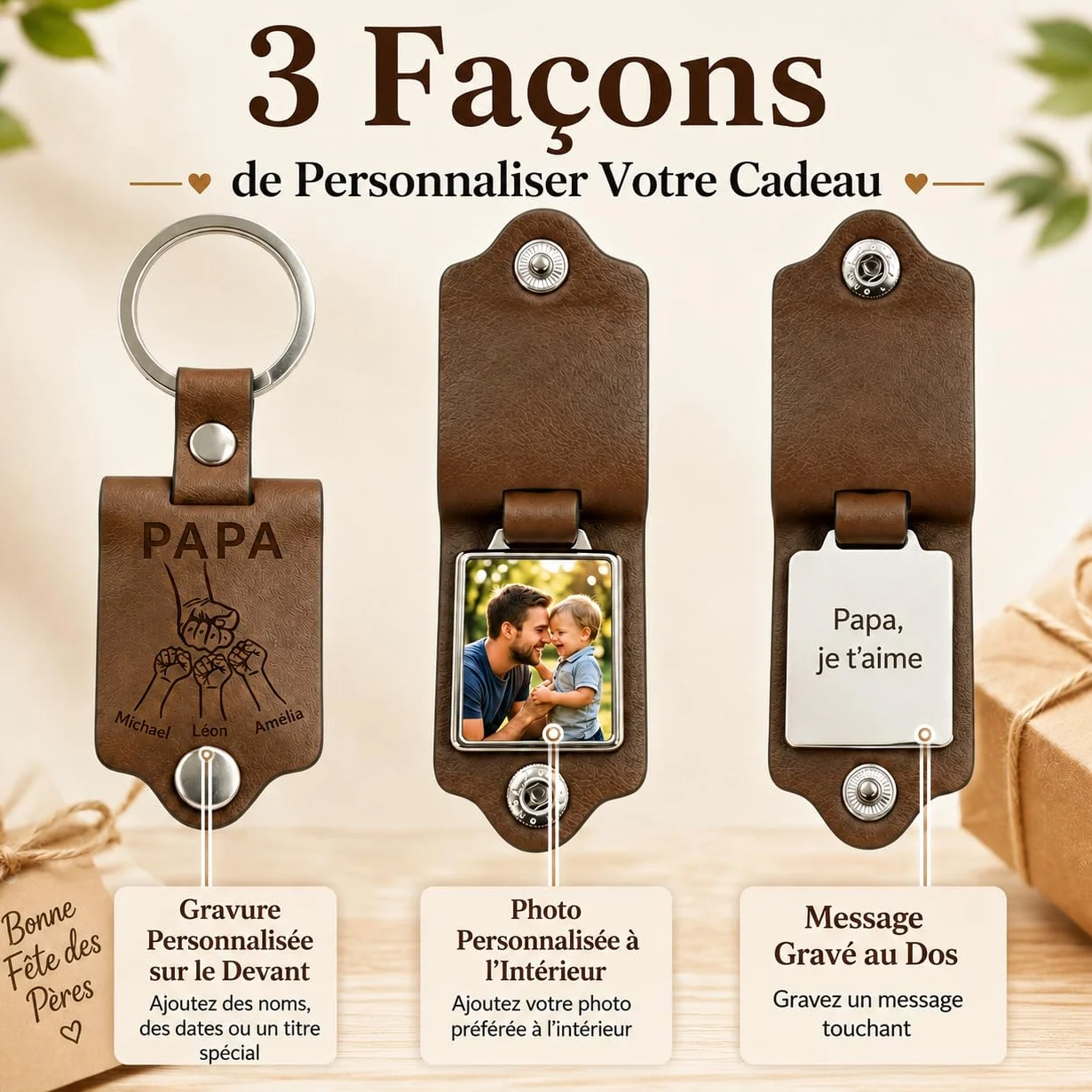 Porte-Clés Personnalisé avec Photo et Texte Gravé Double Face