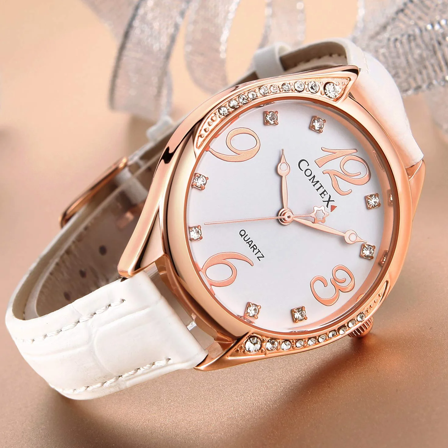 Comtex Montre Femme Or Rose Gros Cadran Diamant Cristal Blanc Cuir