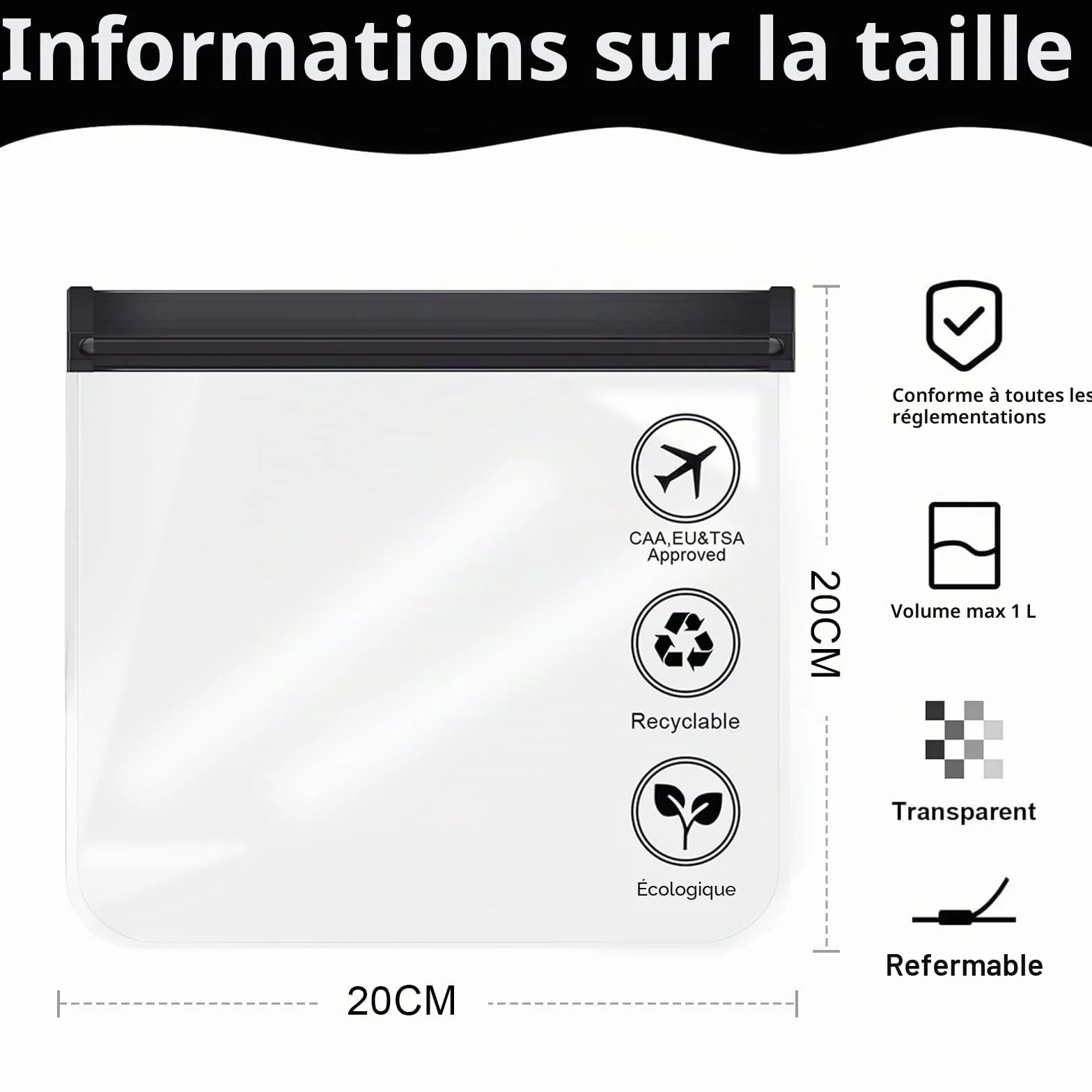 Lot de 4 Trousse de Toilette Transparente Femme 20x20cm Kit Voyage Avion Cabine Sac à Liquide 1L