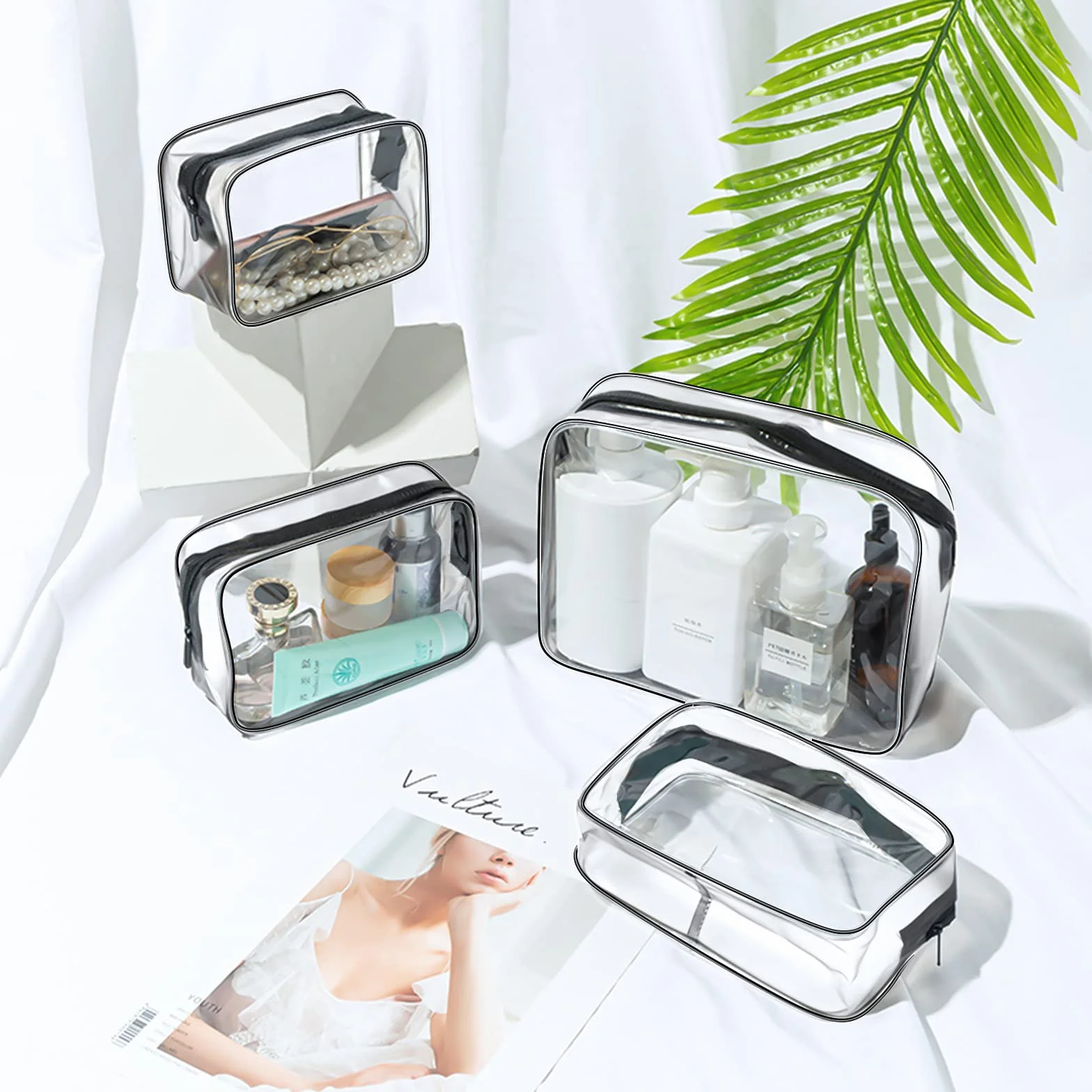Aucuu Trousse de Toilette Transparente PVC Étanche Kit de Voyage Avion Sac de Rangement Cosmétiques