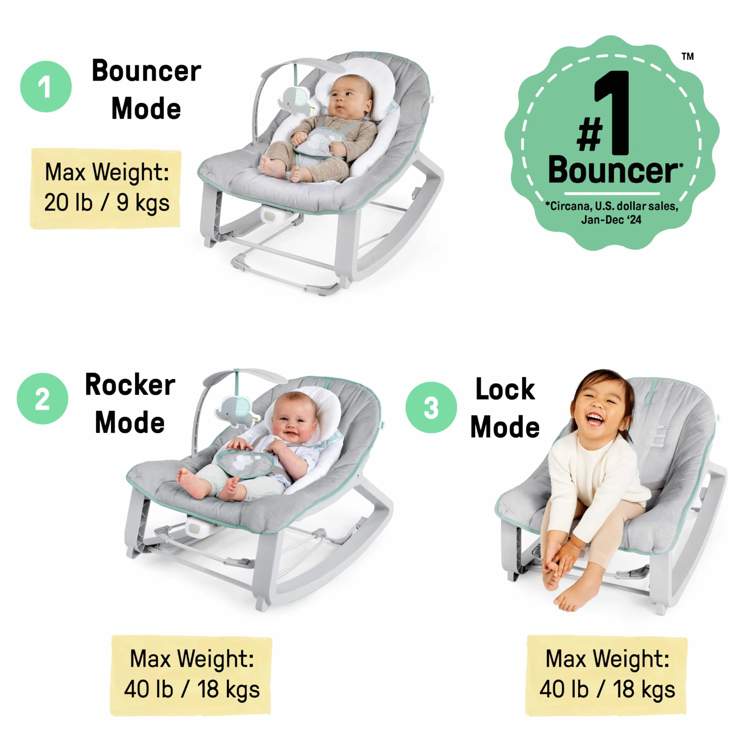 Ingenuity Keep Cozy 3en1 Weaver Transat Evolutif et Siège Sauteur, Vibrations Apaisantes, Arche de Jeu, 5 Points Harnais, 2 Positions d'Inclinaison, Neutre, Dès la Naissance à 18 kg