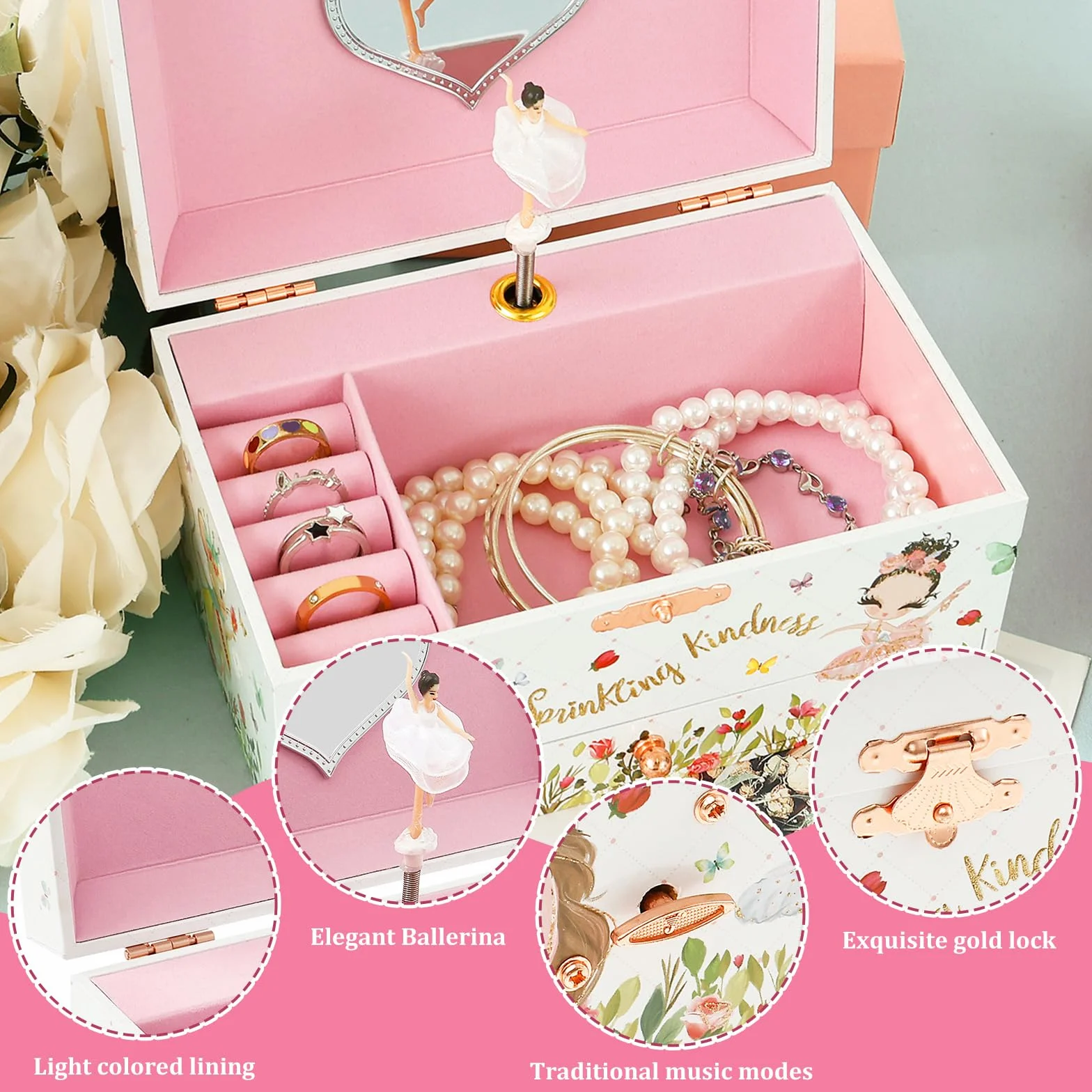 Boîte à bijoux musicale pour enfants petite princesse tournante 17,8 x 11,2 x 9,7 cm