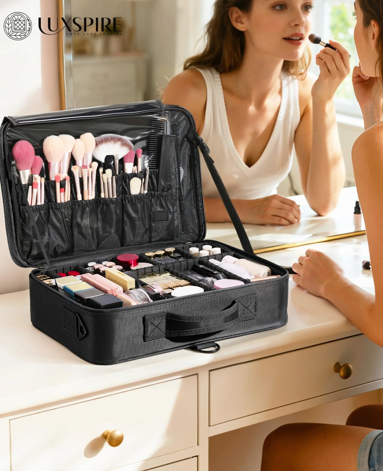 Luxspire Malette Maquillage Femme Trois Étages Portable Miroir Valise Sac Toilette Compartiment Réglable Noir