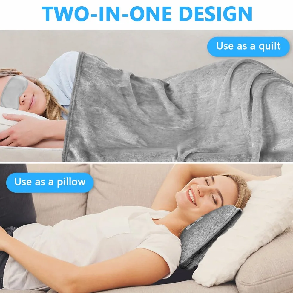 flintronic Couverture de Voyage Avion 2 en 1 Oreiller et Couverture Doux Chaud avec Masque de Sommeil Bouchons d'oreille Pince Sac à Dos Gris
