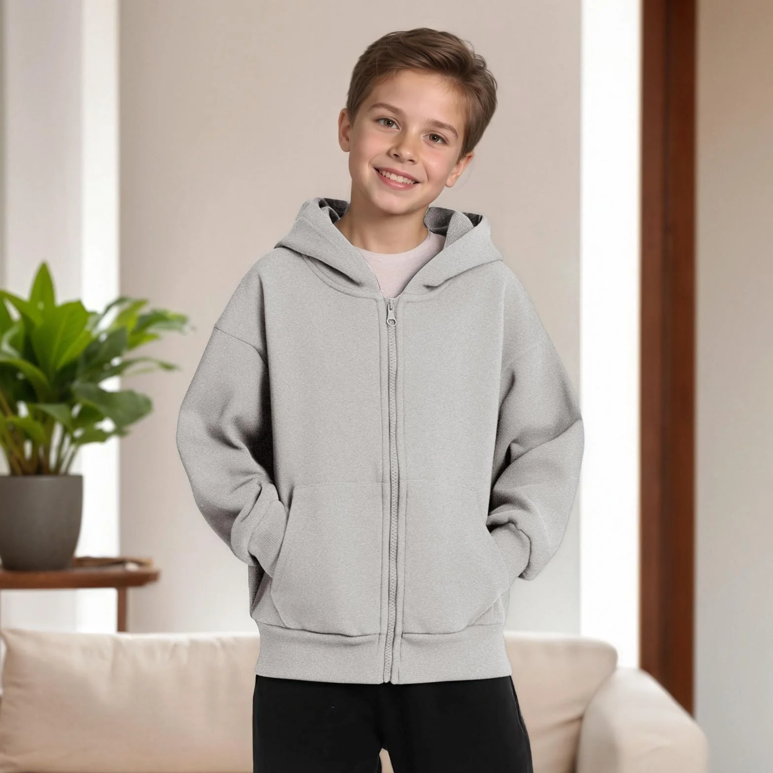 Sweat à Capuche Zippé Enfant 5-16 Ans Rembourré Manches Longues Couleur Unie