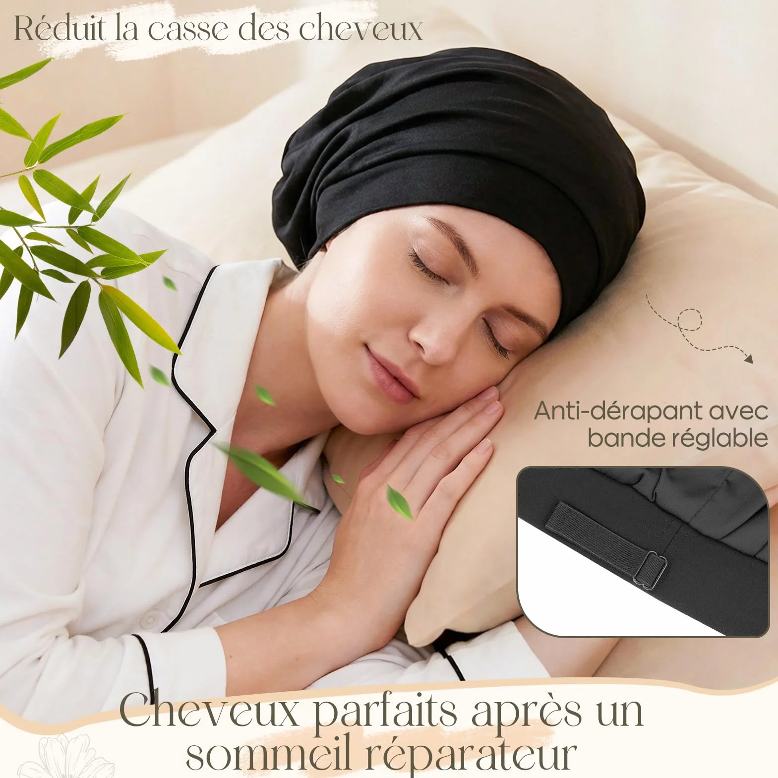 Bonnet Satin Cheveux Nuit Bambou Unisexe Ajustable Doublure Satin Chapeau Sommeil Chimio Soie Femme Homme